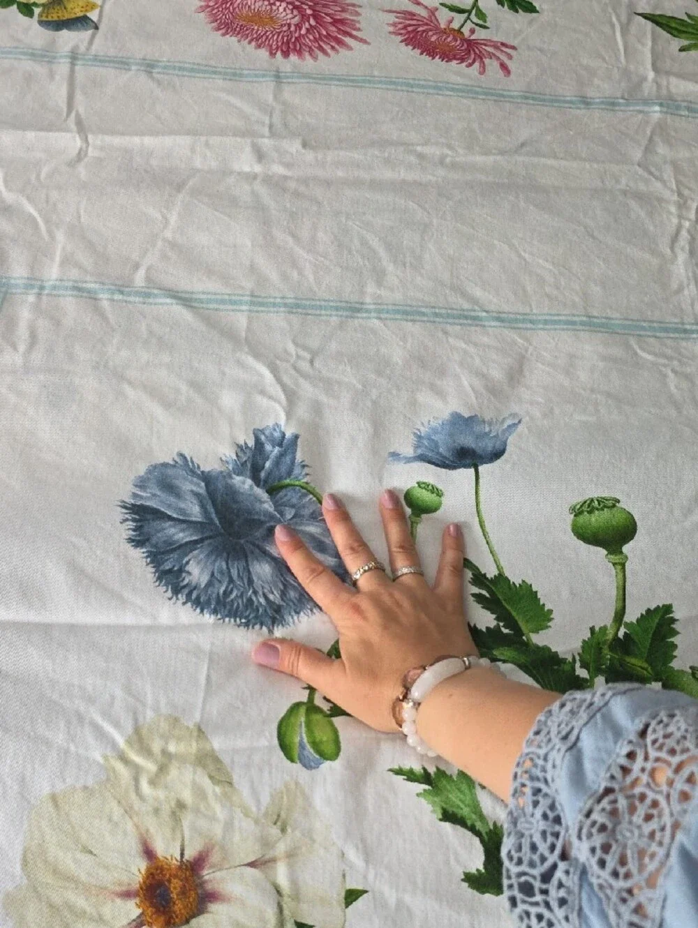 Williams-Sonoma Cotton Tablecloth with Green and Blue Floral Details